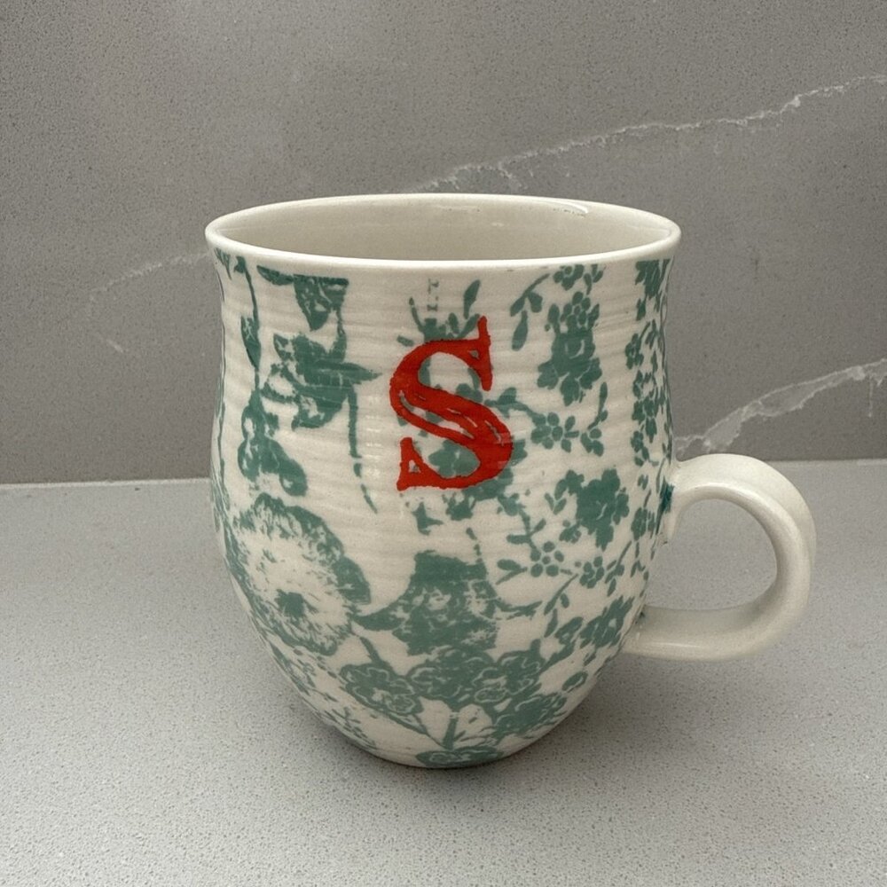 Anthropologie Homegrown Monogram Floral S Letter Initial Coffee Tea Mug Cup